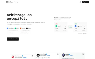 ArbBets entry page with a cross-venue YES/NO pricing example.