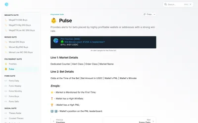 BBB: Pulse alert format with market, wallet and performance fields.