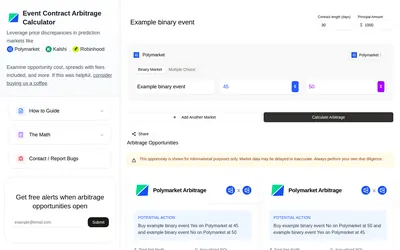 EventArb: Calculator example using 45¢ YES, 50¢ NO, $1,000 capital and a 30-day term. Illustrative inputs, not a current market offer.