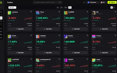 FrenFlow: Trader cards with performance charts and copy-trade controls.