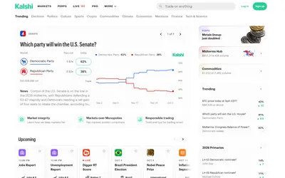 Kalshi public market board, price chart and upcoming events.
