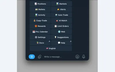 Kreo Telegram main menu — positions, markets, alerts, copy tasks and settings (official documentation).