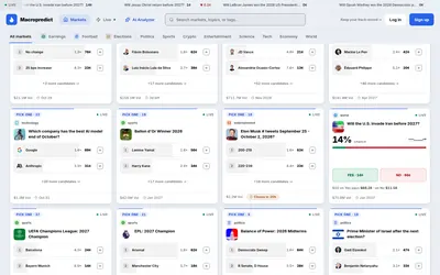 Macropredict: Market grid with outcome buttons, category tabs and event charts.