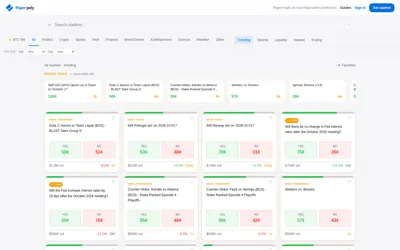 PaperPoly: Paper-trading market browser with live probabilities and topic filters.