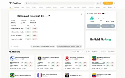Pariflow: Market board with current outcome prices and categories.