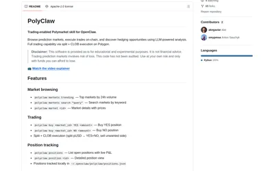 PolyClaw: OpenClaw market, trading and position commands.
