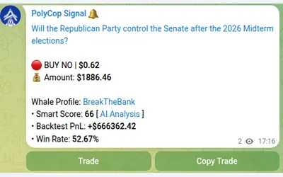 PolyCop public Telegram signal: market, wallet statistics and trading/copy shortcuts.