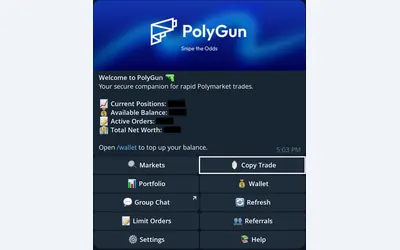 PolyGun Telegram main menu with market search, portfolio, copy trading and order management.