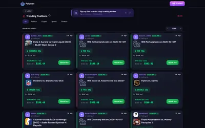 Polyman: Trending positions with market prices and quick-buy entry points.