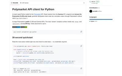 polymarket-api-python: Python toolkit quickstart and public book reads.