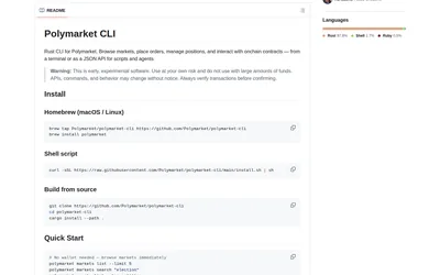Polymarket CLI: Official CLI installation and public market examples.