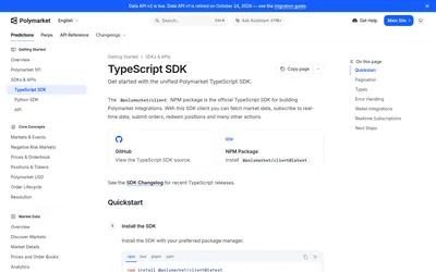 @polymarket/client: Official TypeScript SDK quickstart.
