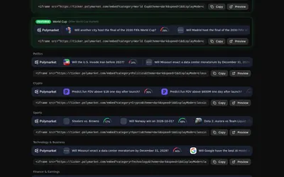 Polymarket Live Ticker: Embeddable market tickers by topic with copyable iframe snippets.