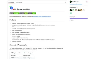 Polymarket.Net: .NET client features and target frameworks.