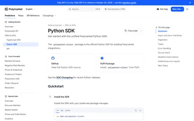 Polymarket Python SDK: Official Python SDK installation and quickstart.