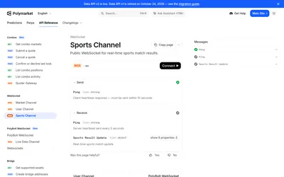 Polymarket Sports WebSocket: Public sports channel and heartbeat messages.