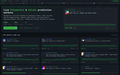 Polyrama: Cross-venue terminal with live event cards and market charts.