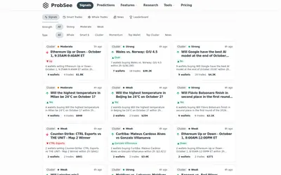 ProbSee: Live wallet-cluster signals with strength, category and timeframe filters.
