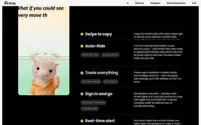 Ride: Mobile copy-trading and alert features described by the provider.