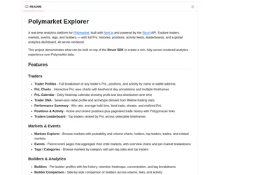 Struct Polymarket Explorer repository: Explorer page types and analytics features.