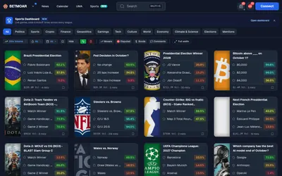 Betmoar.fun: Live event grid with category and research filters.