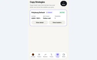 Polyburg mini-app copy strategy card with sizing, exit rule and active status (official documentation).