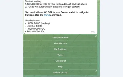 Polycule: Telegram menu example published in a public review: markets, positions, wallet, funding and group actions.