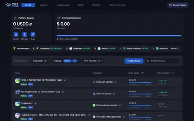 PolyFund: Fund directory with stage filters, managers and fund values; no wallet connected.