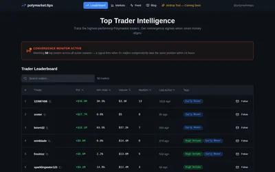Polymarket Tips: Trader leaderboard with profit, return and category context.