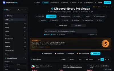 PolymarketScan: Market screener with topic, volume and liquidity filters.
