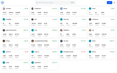 PredictFolio: Public trader cards showing positions, portfolio value, volume and P&L.