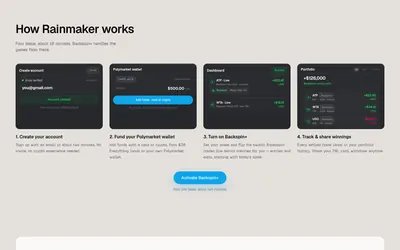 Rainmaker: Account, funding, agent activation and portfolio steps.