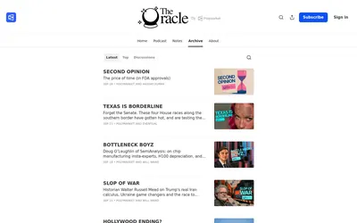 The Oracle by Polymarket: Publication archive with article topics, bylines and podcast navigation.