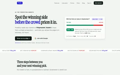 Predicty: Screenshot-analysis product with an example market assessment.