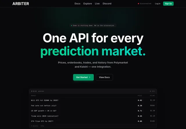 ARBITER: Unified data API entry page and sample market view.