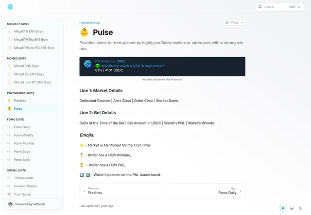 BBB: Pulse alert format with market, wallet and performance fields.