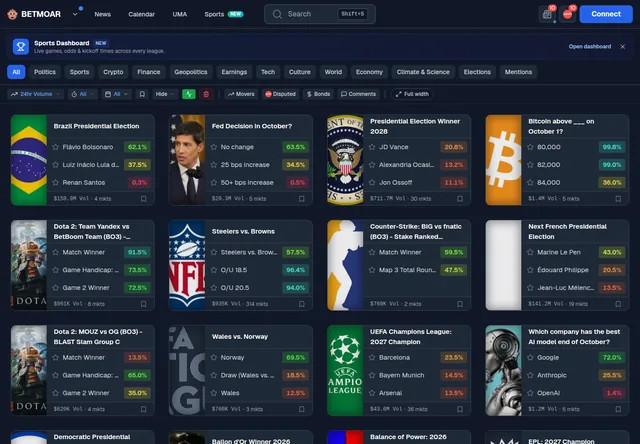 Betmoar.fun: Live event grid with category and research filters.