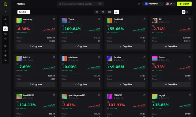 FrenFlow: Trader cards with performance charts and copy-trade controls.