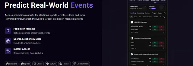 Provider preview of Polymarket markets inside the Wallet V mobile app.