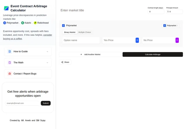 EventArb: Arbitrage calculator with venue, stake and odds inputs.
