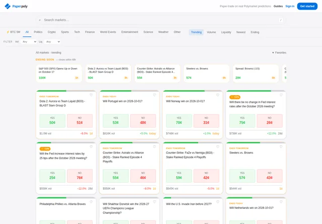 PaperPoly: Paper-trading market browser with live probabilities and topic filters.
