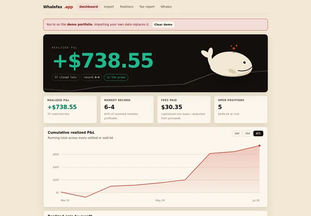 Whalefax — public demo portfolio and realized P&L