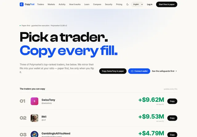 CopyTrail: Trader selection and paper-copy entry points.