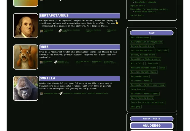 PolyNoob: Public trader profiles with related research tags.