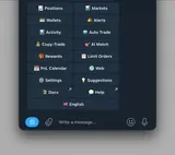 Kreo Telegram main menu — positions, markets, alerts, copy tasks and settings (official documentation).