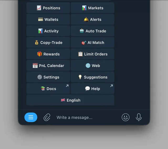 Kreo Telegram main menu — positions, markets, alerts, copy tasks and settings (official documentation).
