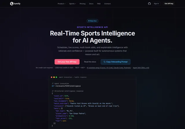 Lumify: Sports intelligence API overview and structured response example.
