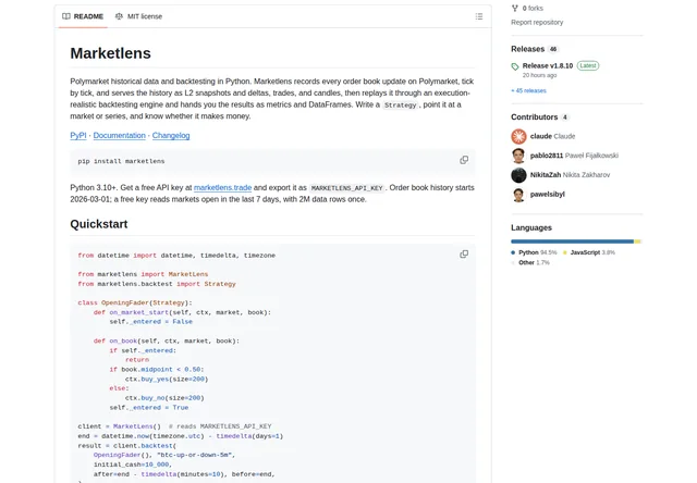 Marketlens Python SDK: Python installation and Strategy quickstart.