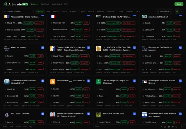 ArbitradePro: Market grid with event prices and strategy controls.