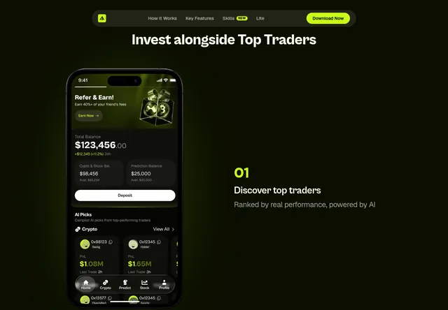 Coinpilot: Mobile trader-discovery interface shown by the provider.